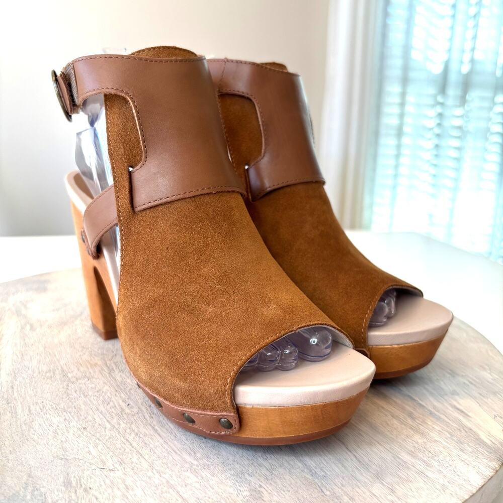 Jambu Handcrafted Suede Wood Platform Sandals Women's Size 8 Brown Peep Toe - Picture 5 of 13